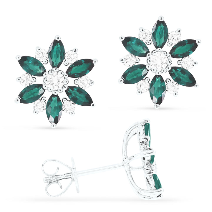 Beautiful Hand Crafted 14K White Gold 2X4MM Emerald And Diamond Arianna Collection Stud Earrings With A Push Back Closure