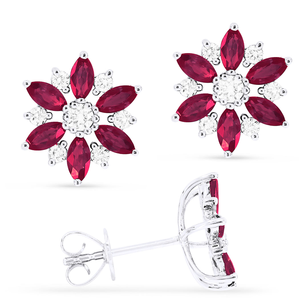 Beautiful Hand Crafted 14K White Gold 2X4MM Ruby And Diamond Arianna Collection Stud Earrings With A Push Back Closure