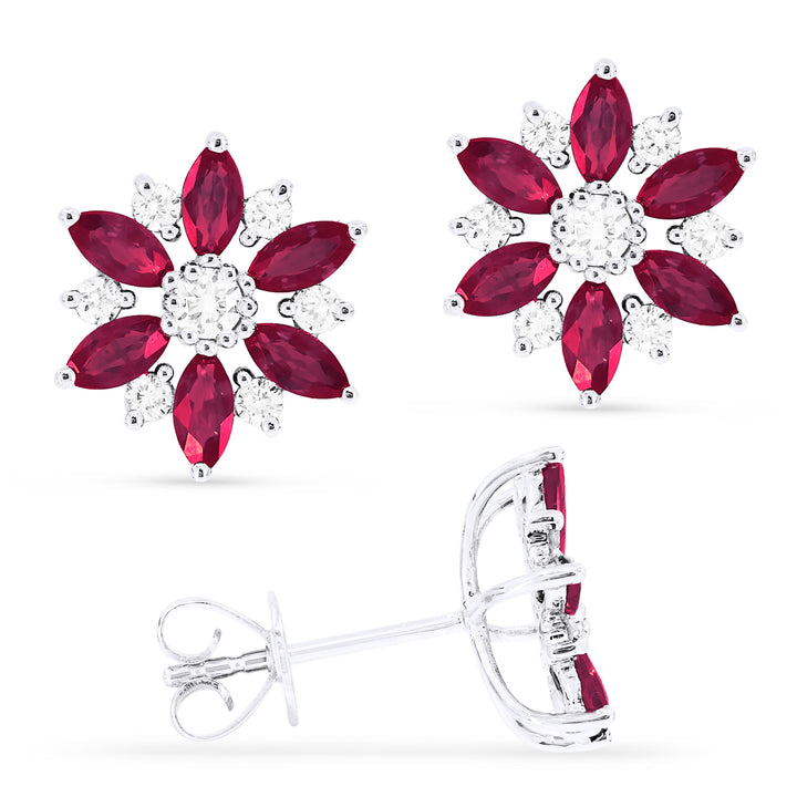 Beautiful Hand Crafted 14K White Gold 2X4MM Ruby And Diamond Arianna Collection Stud Earrings With A Push Back Closure