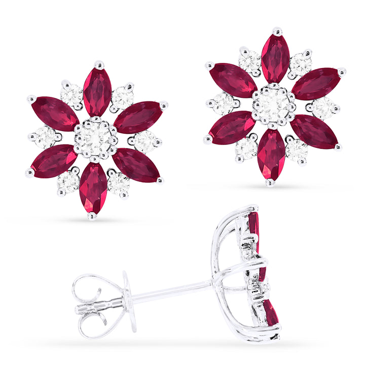 Beautiful Hand Crafted 14K White Gold 2x4MM Ruby And Diamond Arianna Collection Stud Earrings With A Push Back Closure
