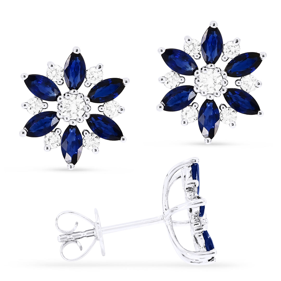 Beautiful Hand Crafted 14K White Gold 2x4MM Sapphire And Diamond Arianna Collection Stud Earrings With A Push Back Closure