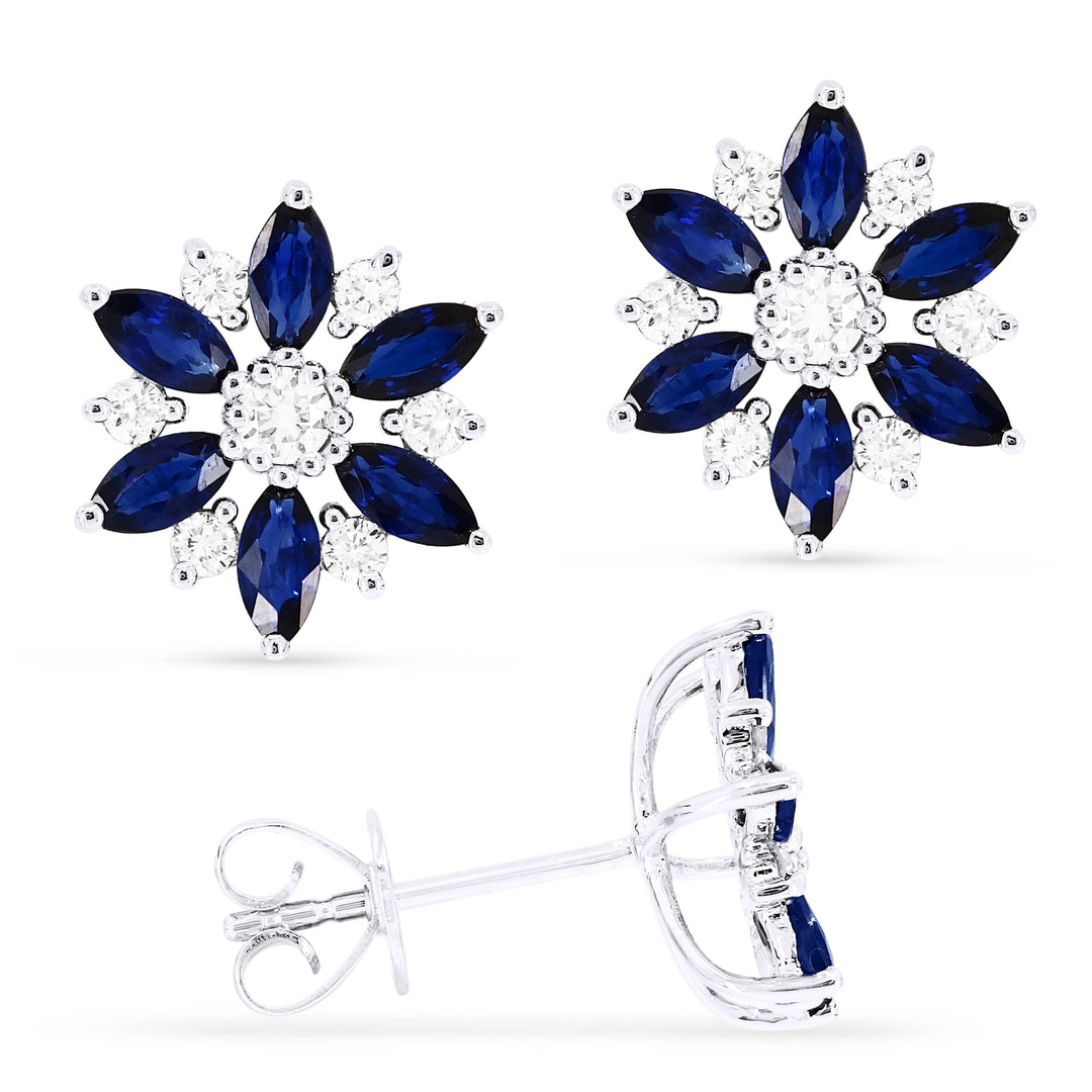 Beautiful Hand Crafted 14K White Gold 2X4MM Sapphire And Diamond Arianna Collection Stud Earrings With A Push Back Closure