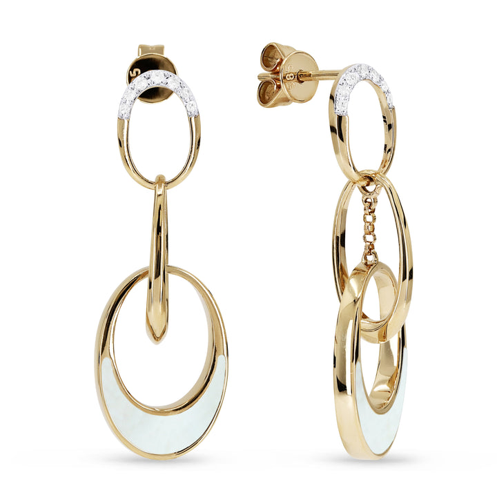 Beautiful Hand Crafted 14K Yellow Gold  Mother Of Pearl And Diamond Milano Collection Drop Dangle Earrings With A Lever Back Closure