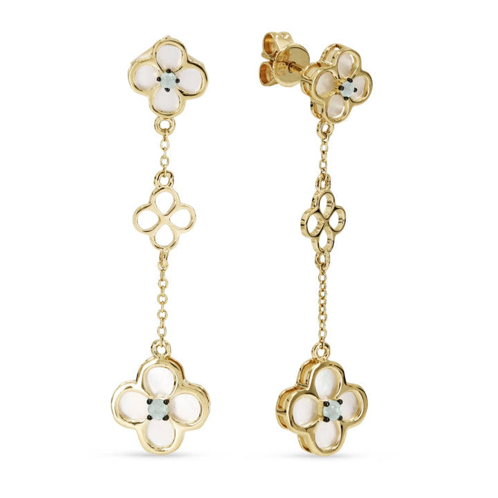 Beautiful Hand Crafted 14K Yellow Gold  Mother Of Pearl And Diamond Arianna Collection Drop Dangle Earrings With A Lever Back Closure
