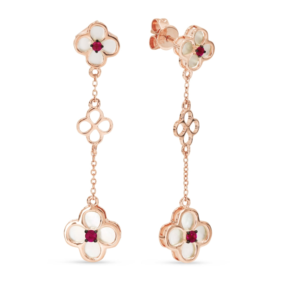 Beautiful Hand Crafted 14K Rose Gold  Ruby And Diamond Arianna Collection Drop Dangle Earrings With A Lever Back Closure