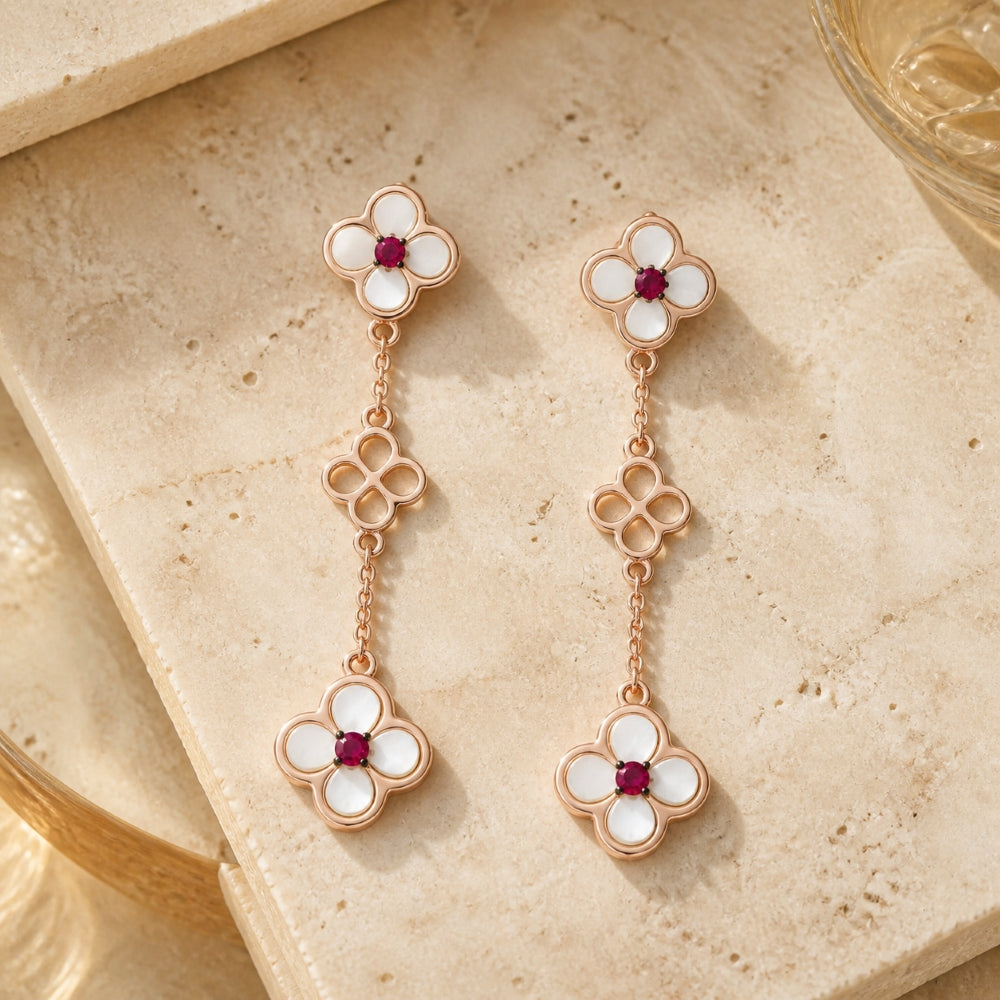 E1420 - 14K Gold Mother of Pearl, Ruby & Sapphire Flower Drop Earrings