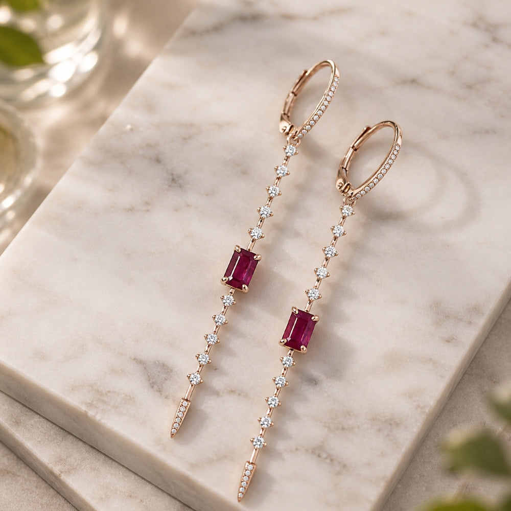 E1421 - 14K Rose Gold Ruby Cocktail Drop Earrings