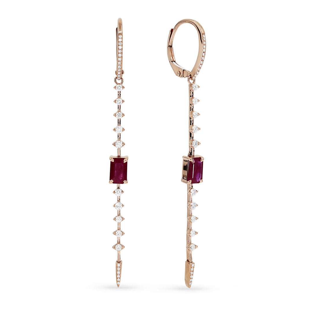 Beautiful Hand Crafted 14K Rose Gold  Ruby And Diamond Arianna Collection Drop Dangle Earrings With A Lever Back Closure