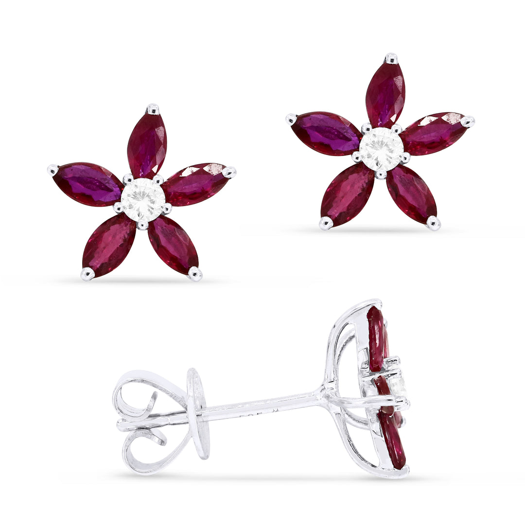 Beautiful Hand Crafted 14K White Gold 2x4MM Ruby And Diamond Arianna Collection Stud Earrings With A Push Back Closure