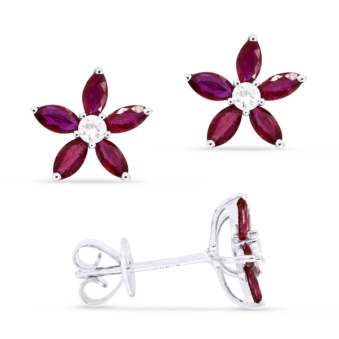 Beautiful Hand Crafted 14K White Gold 2X4MM Ruby And Diamond Arianna Collection Stud Earrings With A Push Back Closure