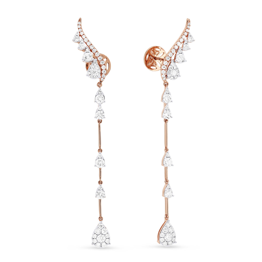 Beautiful Hand Crafted 14K Rose Gold White Diamond Milano Collection Ear Climber Earrings With A Push Back Closure