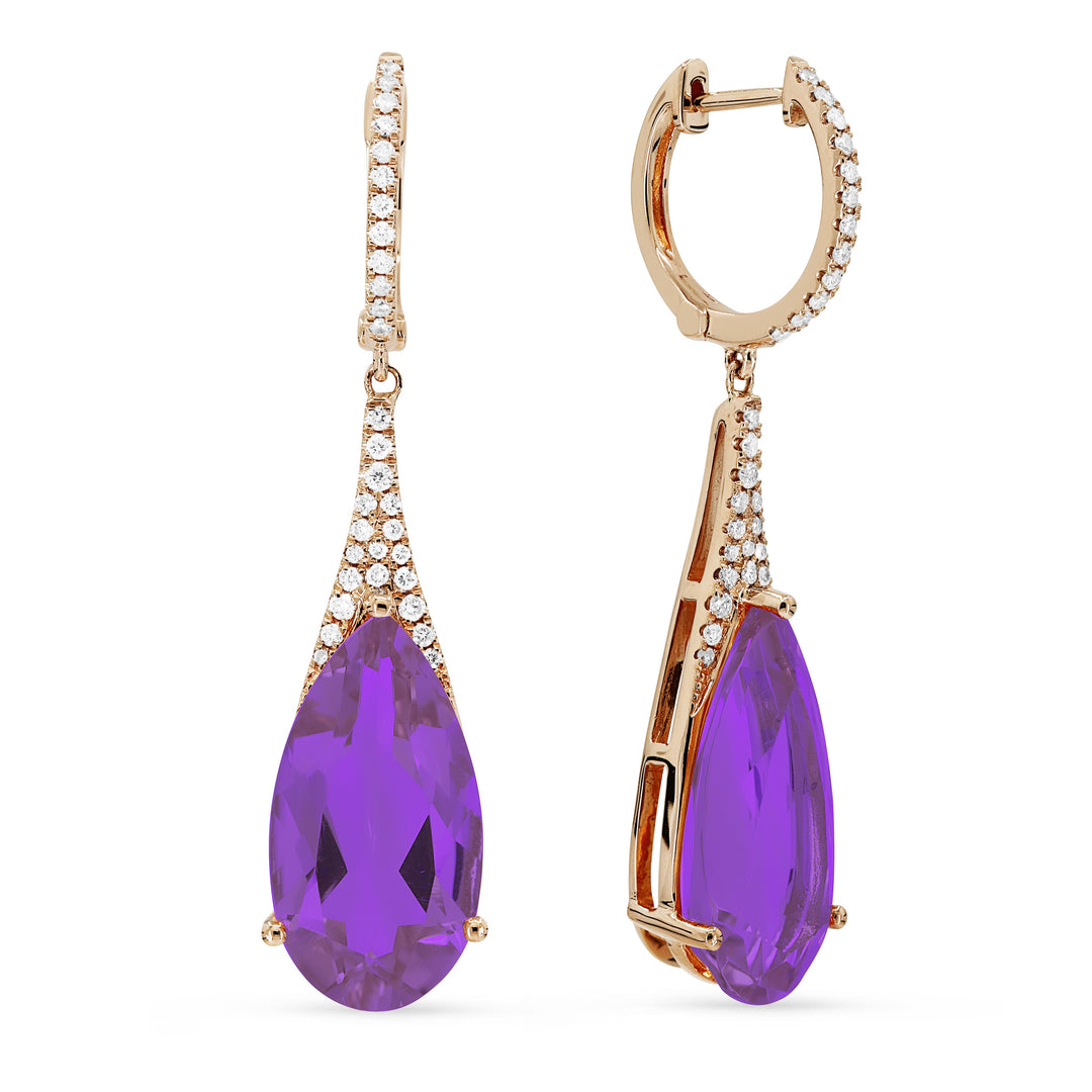 Beautiful Hand Crafted 14K Rose Gold 9X17MM Amethyst And Diamond Eclectica Collection Drop Dangle Earrings With A Omega Back Closure