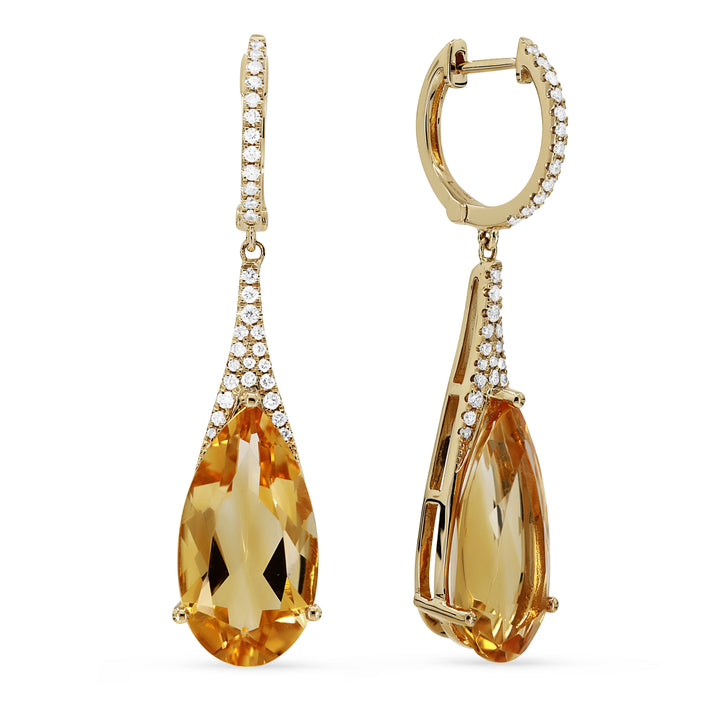 Beautiful Hand Crafted 14K Yellow Gold 9X17MM Citrine And Diamond Eclectica Collection Drop Dangle Earrings With A Omega Back Closure