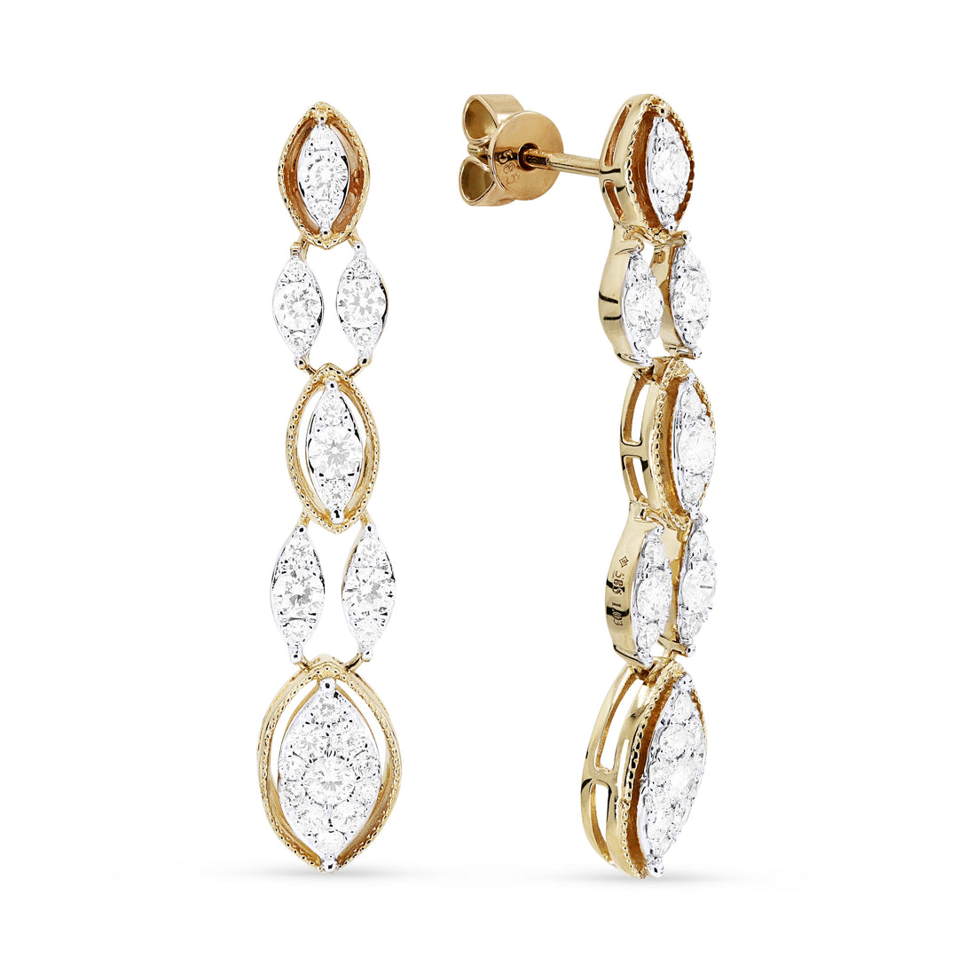 Beautiful Hand Crafted 14K Yellow Gold White Diamond Milano Collection Drop Dangle Earrings With A Omega Back Closure