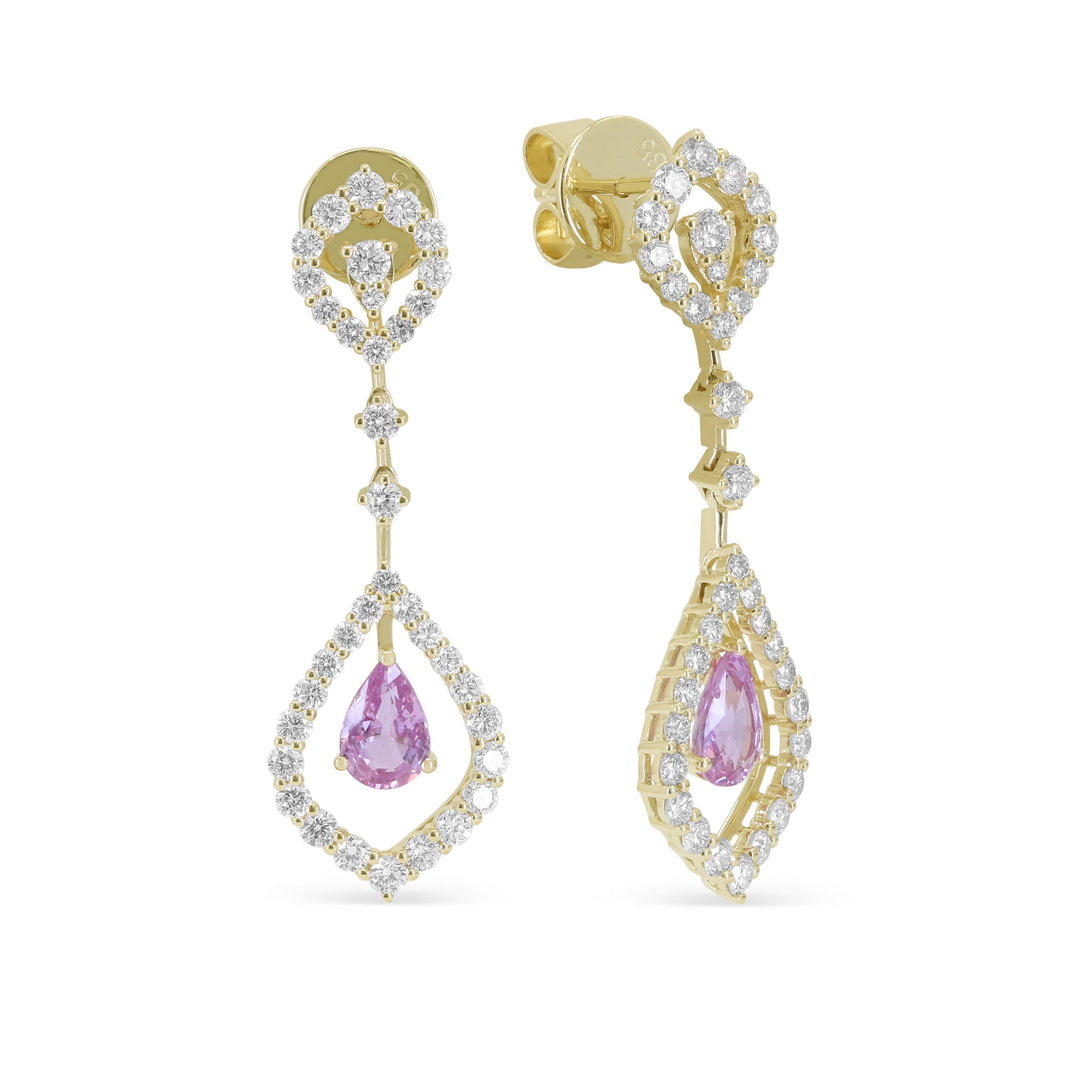 Beautiful Hand Crafted 14K Yellow Gold  Pink Sapphire And Diamond Arianna Collection Drop Dangle Earrings With A Push Back Closure