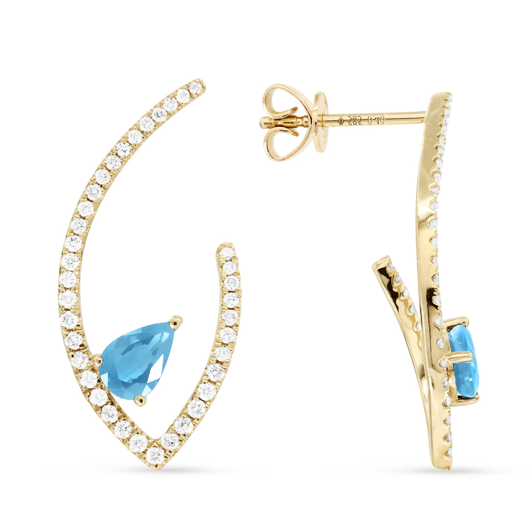 Beautiful Hand Crafted 14K Yellow Gold  Blue Topaz And Diamond Eclectica Collection Drop Dangle Earrings With A Omega Back Closure