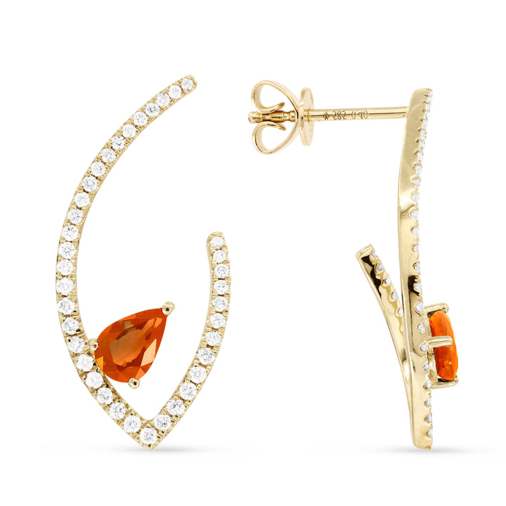 Beautiful Hand Crafted 14K Yellow Gold  Orange Sapphire And Diamond Arianna Collection Drop Dangle Earrings With A Push Back Closure