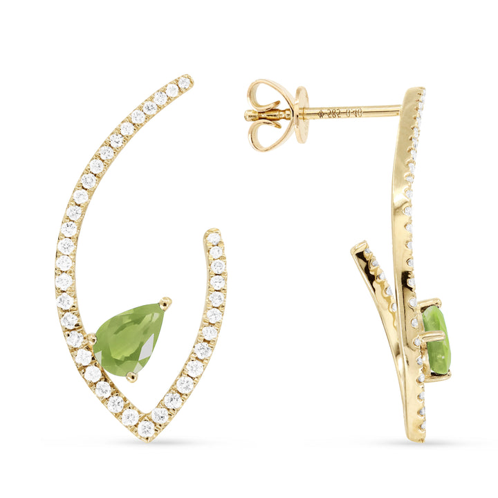 Beautiful Hand Crafted 14K Yellow Gold  Peridot And Diamond Eclectica Collection Drop Dangle Earrings With A Omega Back Closure