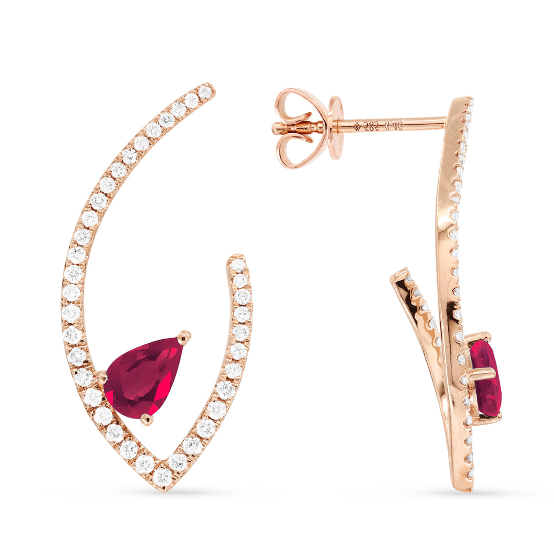 Beautiful Hand Crafted 14K Rose Gold  Ruby And Diamond Eclectica Collection Drop Dangle Earrings With A Push Back Closure