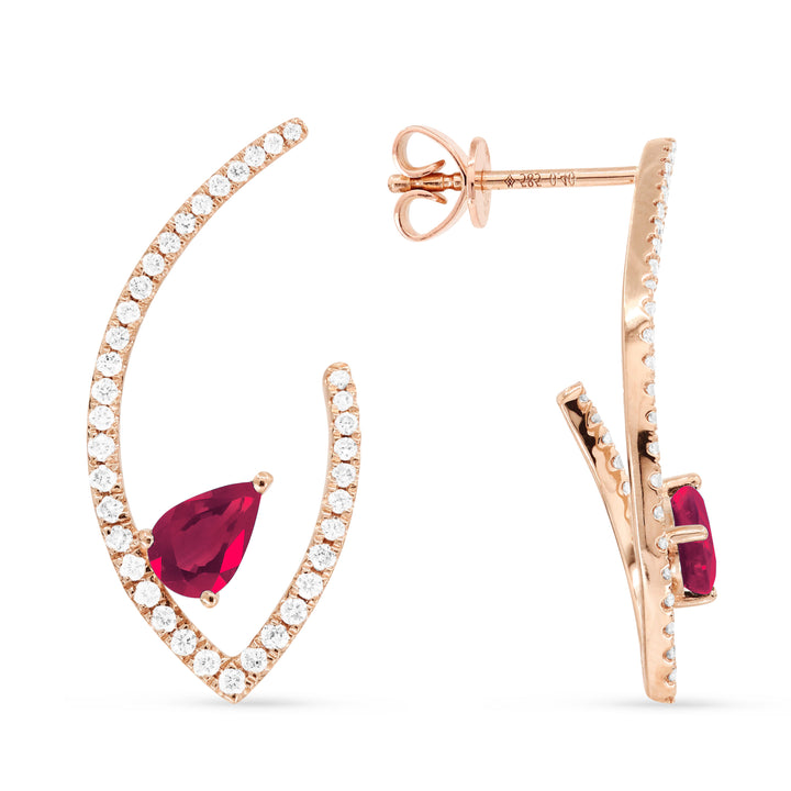 Beautiful Hand Crafted 14K Rose Gold  Ruby And Diamond Eclectica Collection Drop Dangle Earrings With A Push Back Closure