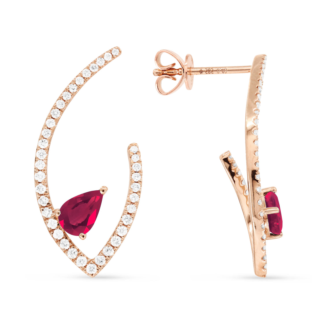 Beautiful Hand Crafted 14K Rose Gold  Ruby And Diamond Arianna Collection Drop Dangle Earrings With A Omega Back Closure