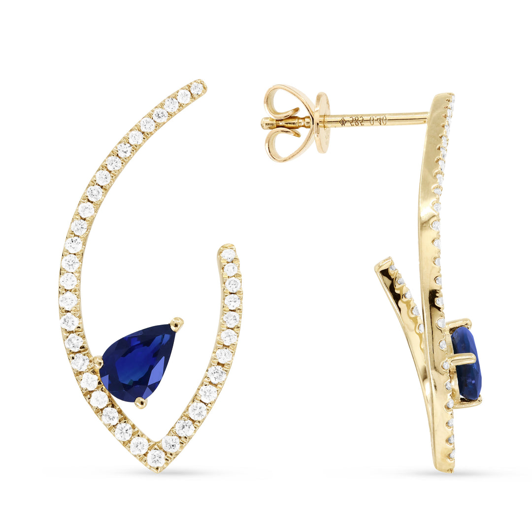 Beautiful Hand Crafted 14K Yellow Gold  Sapphire And Diamond Eclectica Collection Drop Dangle Earrings With A Push Back Closure