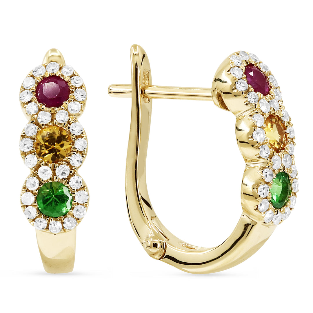 Beautiful Hand Crafted 14K Yellow Gold 3MM Multi Colored Sapphire And Diamond Arianna Collection Hoop Earrings With A Hoop Closure