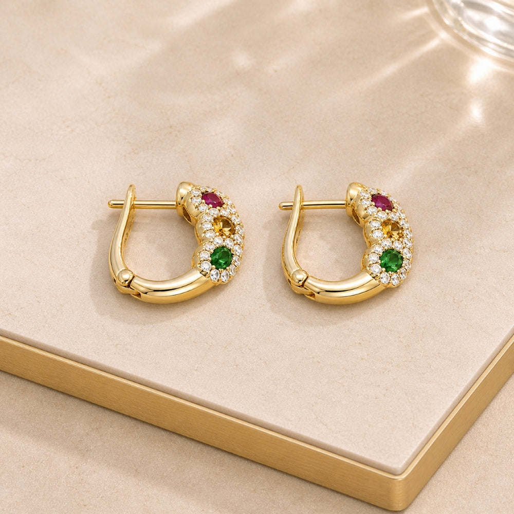 E1460 - 14K Gold Multi Colored Sapphire, Ruby & Sapphire Huggie Hoop Earrings