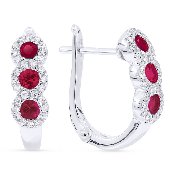 Beautiful Hand Crafted 14K White Gold 3MM Ruby And Diamond Arianna Collection Hoop Earrings With A Hoop Closure