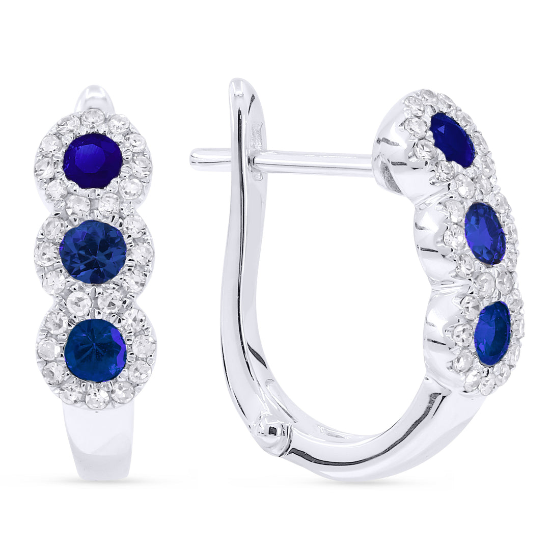 Beautiful Hand Crafted 14K White Gold 3MM Sapphire And Diamond Arianna Collection Hoop Earrings With A Hoop Closure