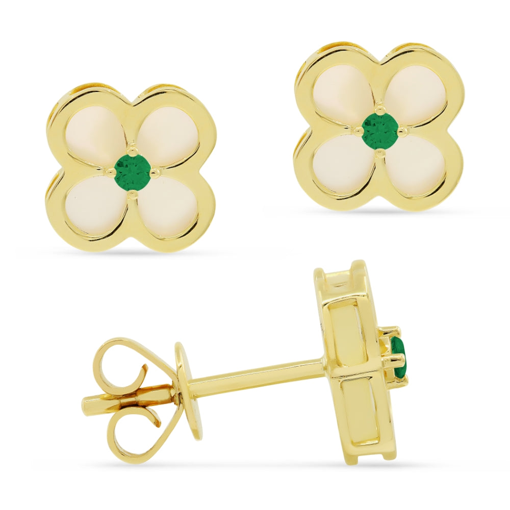 Beautiful Hand Crafted 14K Yellow Gold 10MM Emerald And Diamond Arianna Collection Stud Earrings With A Push Back Closure