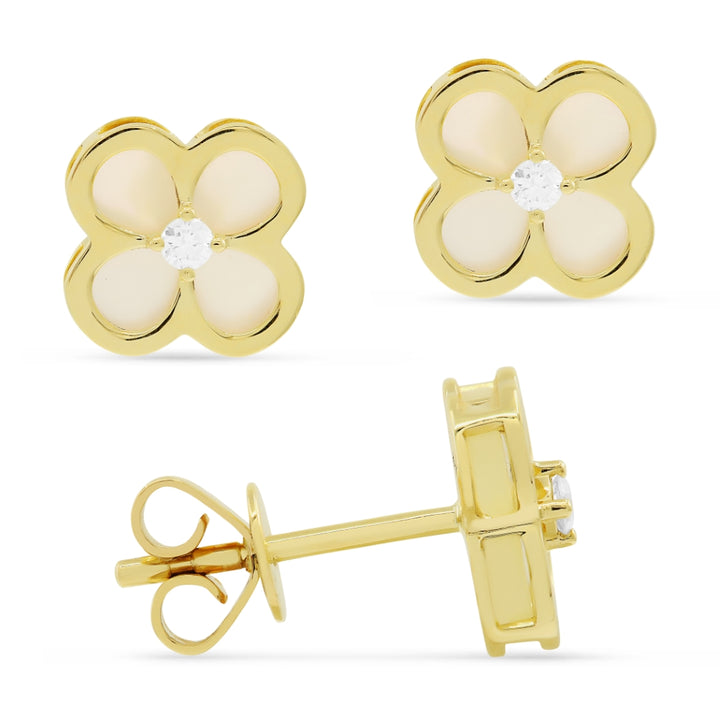Beautiful Hand Crafted 14K Yellow Gold 10MM Mother Of Pearl And Diamond Milano Collection Stud Earrings With A Push Back Closure