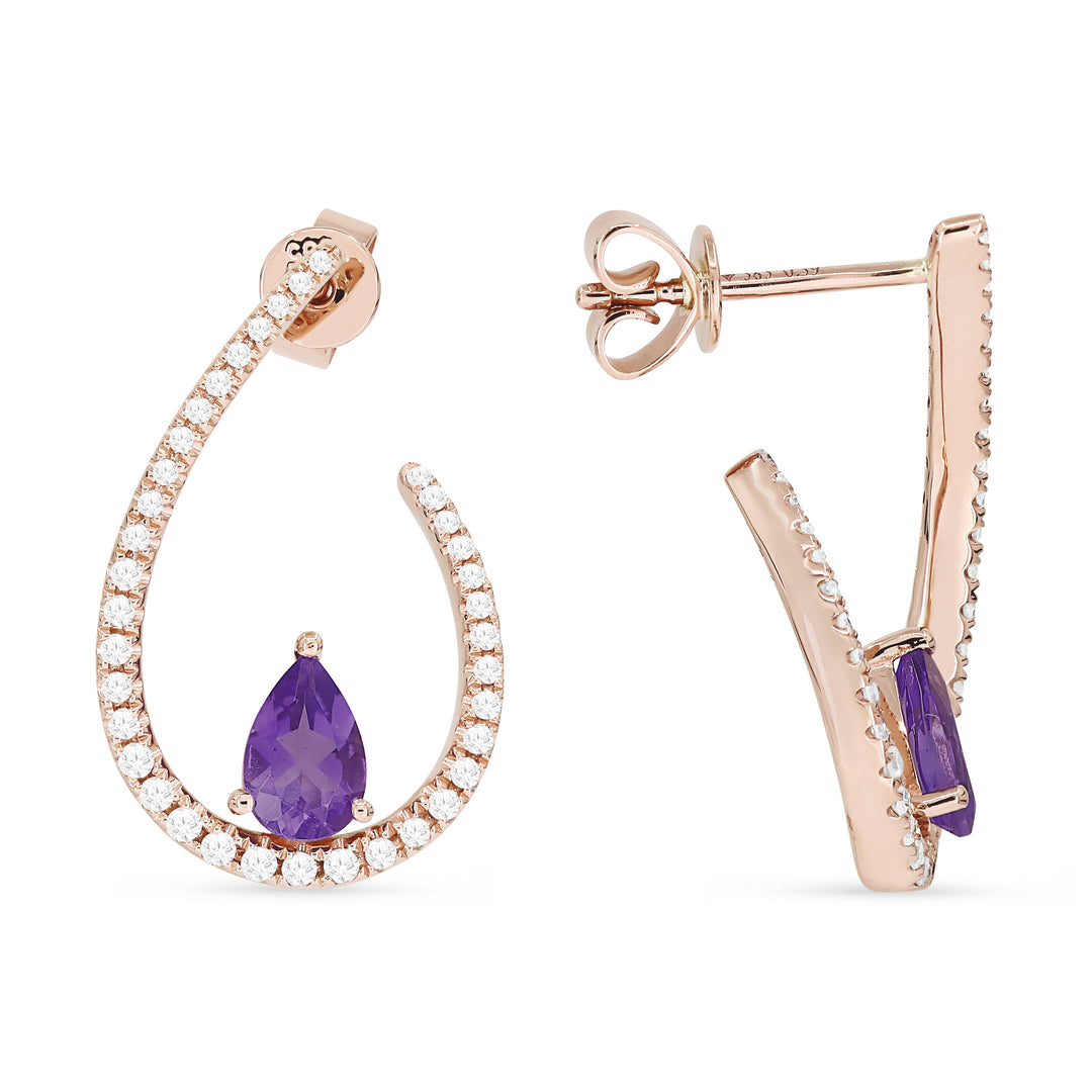 Beautiful Hand Crafted 14K Rose Gold 4x6MM Amethyst And Diamond Eclectica Collection Drop Dangle Earrings With A Omega Back Closure