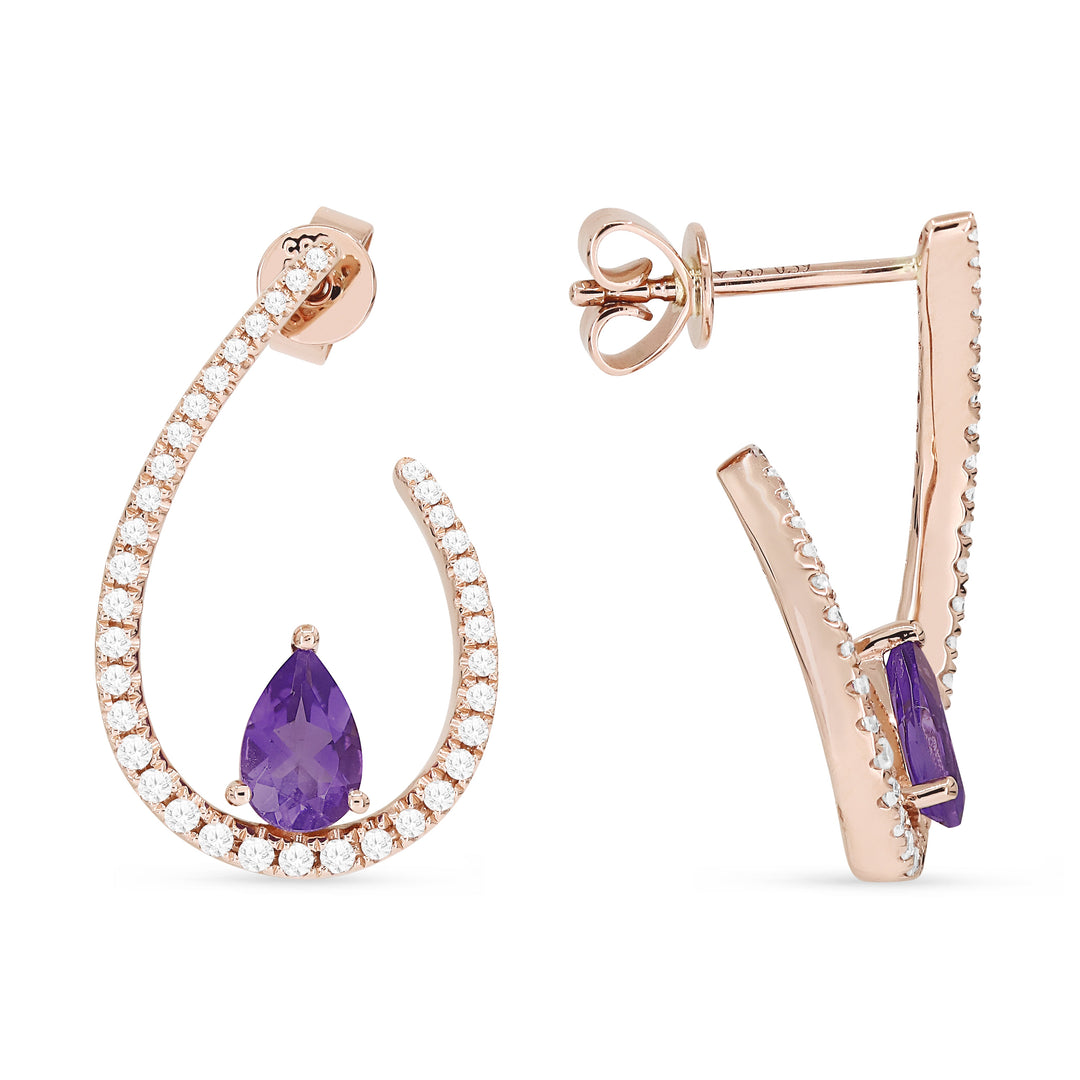 Beautiful Hand Crafted 14K Rose Gold 4X6MM Amethyst And Diamond Eclectica Collection Drop Dangle Earrings With A Omega Back Closure