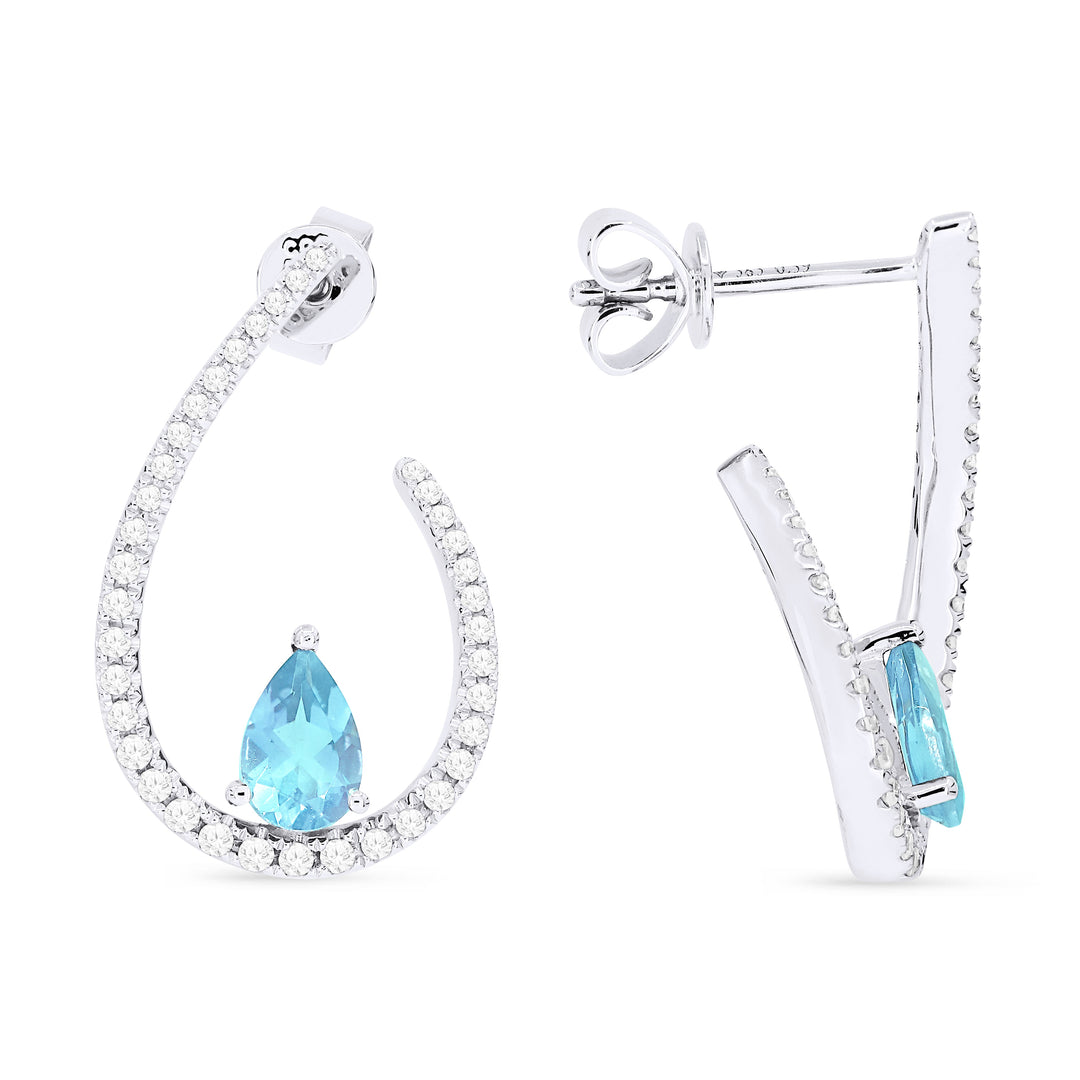 Beautiful Hand Crafted 14K White Gold 4X6MM Blue Topaz And Diamond Eclectica Collection Drop Dangle Earrings With A Omega Back Closure