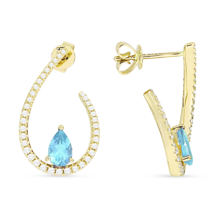 Beautiful Hand Crafted 14K Yellow Gold 4X6MM Blue Topaz And Diamond Eclectica Collection Drop Dangle Earrings With A Omega Back Closure