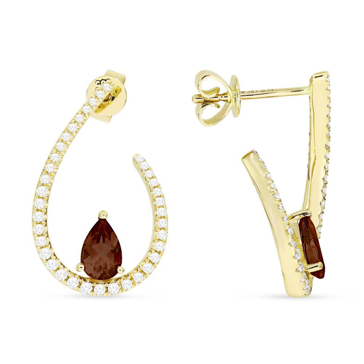 Beautiful Hand Crafted 14K Yellow Gold 4x6MM Garnet And Diamond Eclectica Collection Drop Dangle Earrings With A Omega Back Closure