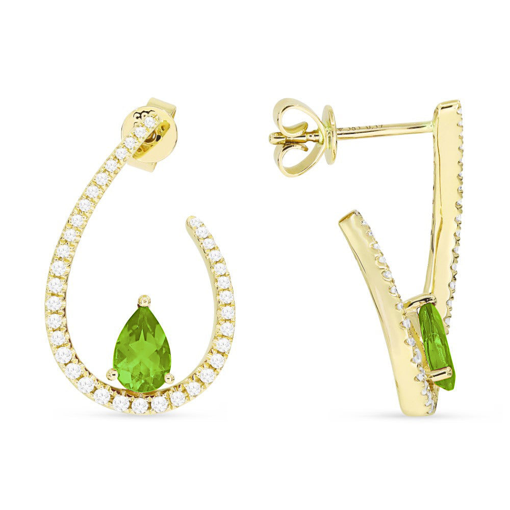 Beautiful Hand Crafted 14K Yellow Gold 4X6MM Peridot And Diamond Eclectica Collection Drop Dangle Earrings With A Omega Back Closure