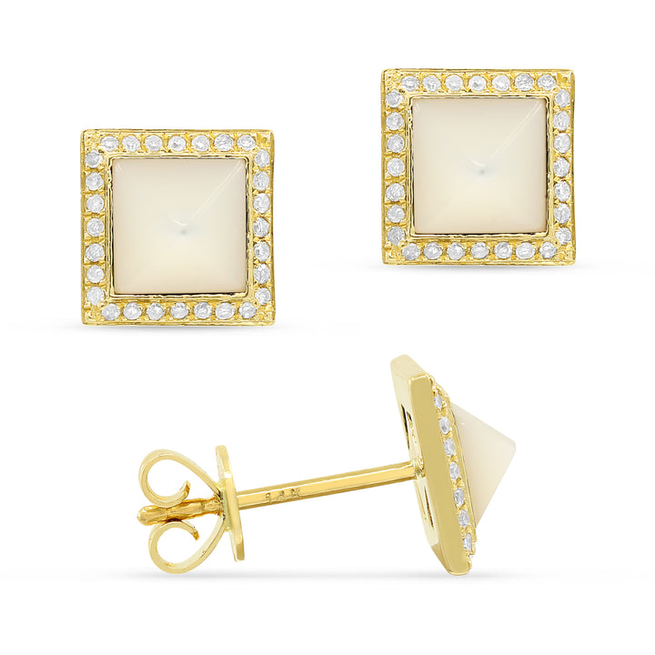 Beautiful Hand Crafted 14K Yellow Gold  Mother Of Pearl And Diamond Milano Collection Stud Earrings With A Push Back Closure