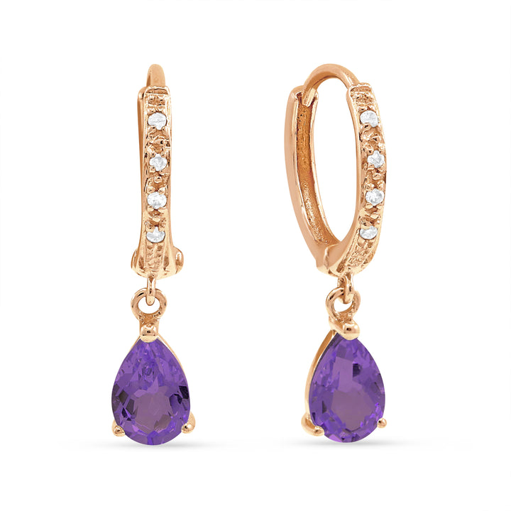 Beautiful Hand Crafted 14K Two Tone Gold 4x6MM Amethyst And Diamond Essentials Collection Drop Dangle Earrings With A Omega Back Closure