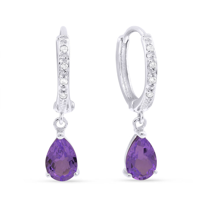 Beautiful Hand Crafted 14K White Gold 4X6MM Amethyst And Diamond Essentials Collection Drop Dangle Earrings With A Lever Back Closure