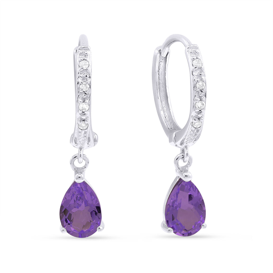 Beautiful Hand Crafted 14K White Gold 4X6MM Amethyst And Diamond Essentials Collection Drop Dangle Earrings With A Lever Back Closure