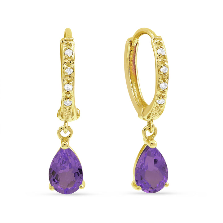 Beautiful Hand Crafted 14K Yellow Gold 4X6MM Amethyst And Diamond Essentials Collection Drop Dangle Earrings With A Lever Back Closure