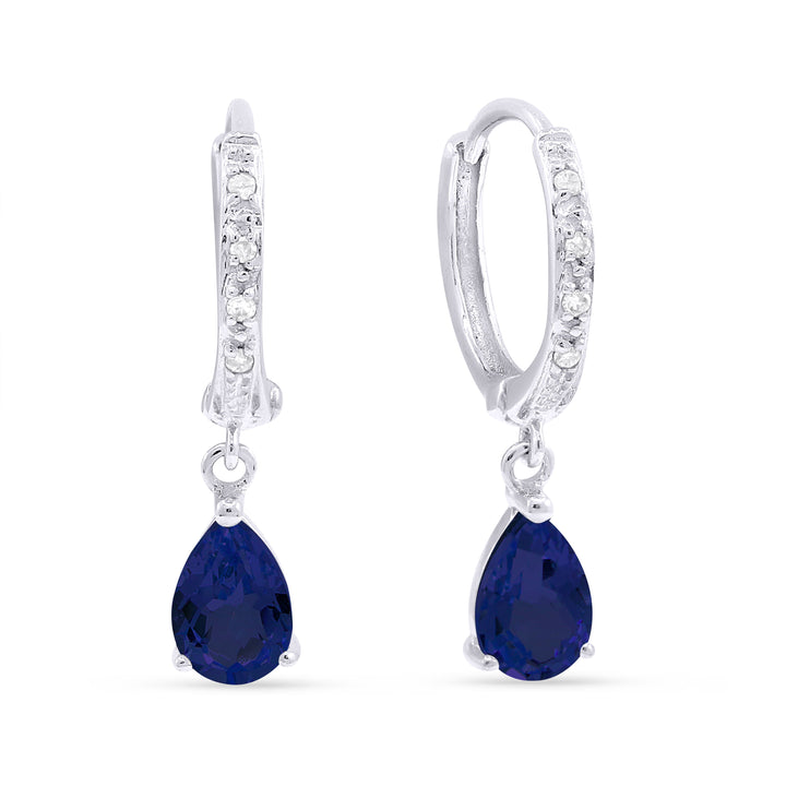 Beautiful Hand Crafted 14K White Gold 4X6MM Created Sapphire And Diamond Essentials Collection Drop Dangle Earrings With A Lever Back Closure