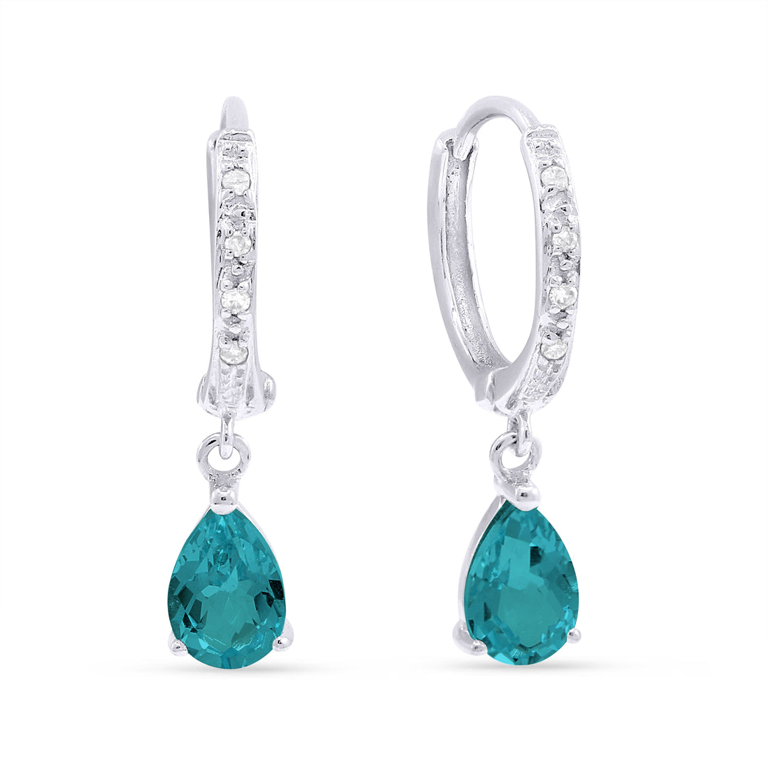 Beautiful Hand Crafted 14K White Gold 4x6MM Created Tourmaline Paraiba And Diamond Essentials Collection Drop Dangle Earrings With A Omega Back Closure