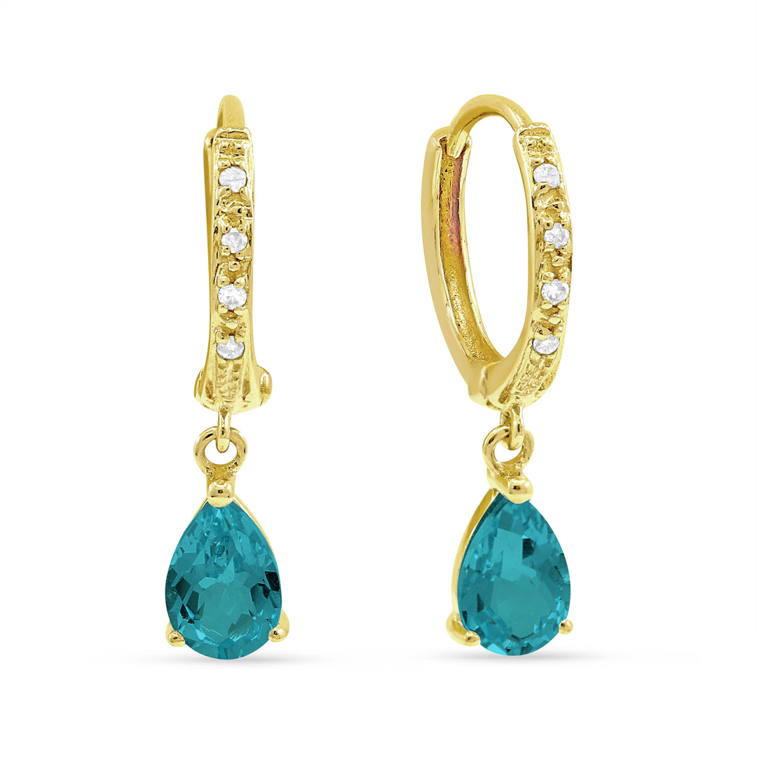 Beautiful Hand Crafted 14K Yellow Gold 4X6MM Created Tourmaline Paraiba And Diamond Essentials Collection Drop Dangle Earrings With A Lever Back Closure