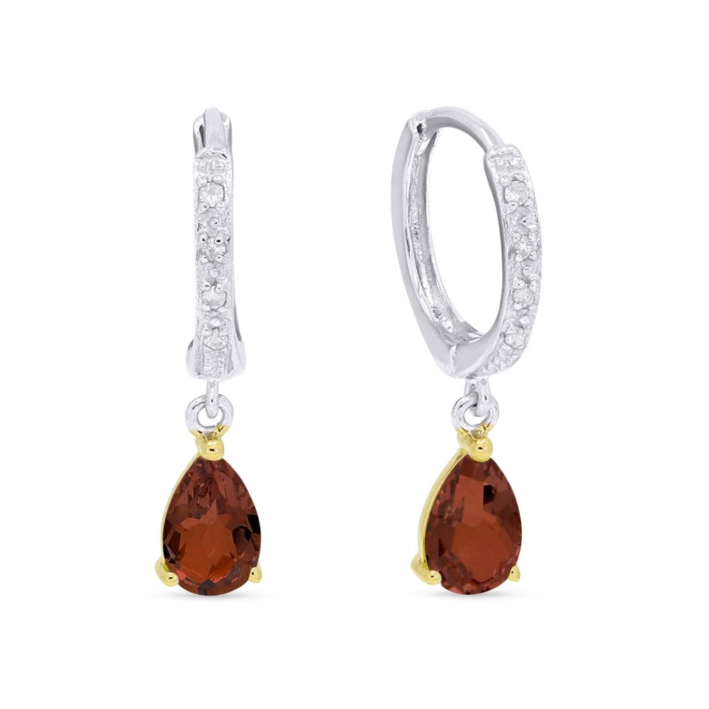Beautiful Hand Crafted 14K Two Tone Gold 4X6MM Garnet And Diamond Essentials Collection Drop Dangle Earrings With A Lever Back Closure