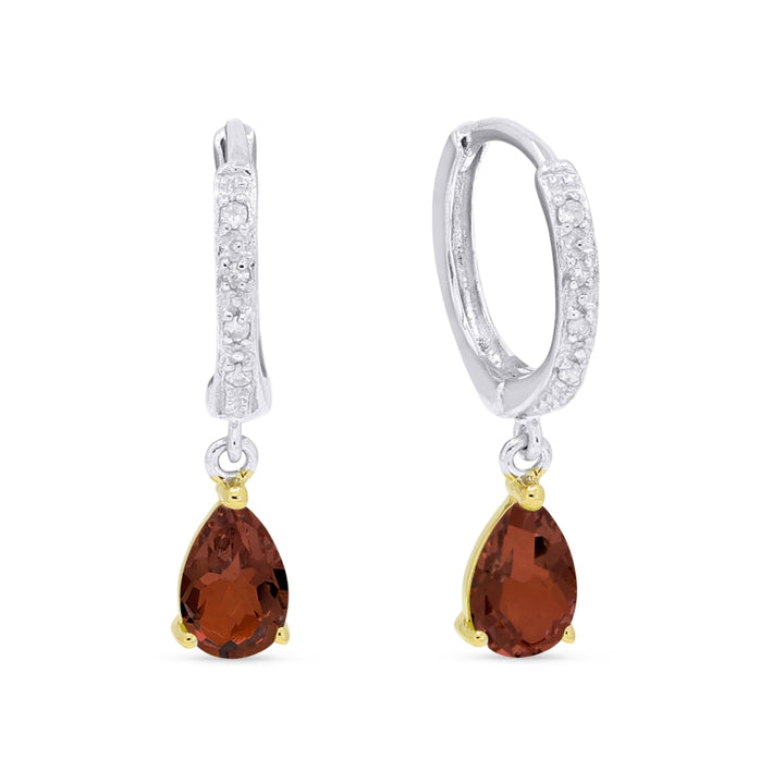 Beautiful Hand Crafted 14K Two Tone Gold 4X6MM Garnet And Diamond Essentials Collection Drop Dangle Earrings With A Lever Back Closure