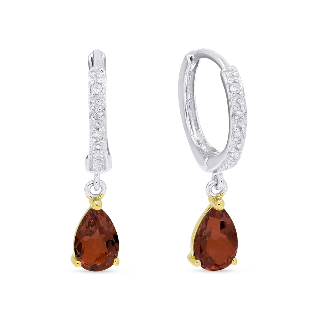 Beautiful Hand Crafted 14K Two Tone Gold 4X6MM Garnet And Diamond Essentials Collection Drop Dangle Earrings With A Lever Back Closure