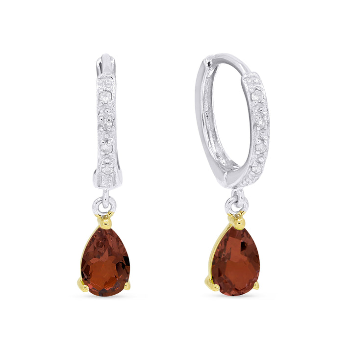 Beautiful Hand Crafted 14K Two Tone Gold 4X6MM Garnet And Diamond Essentials Collection Drop Dangle Earrings With A Lever Back Closure